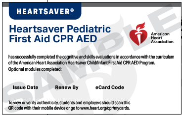 American Heart Association Heartsaver Pediatric First Aid CPR AED card